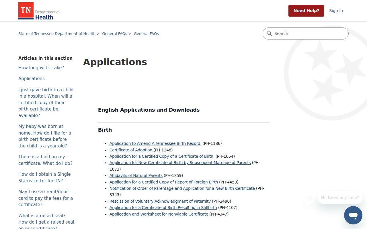 Tullahoma public records application page for Tennessee vital certificates
